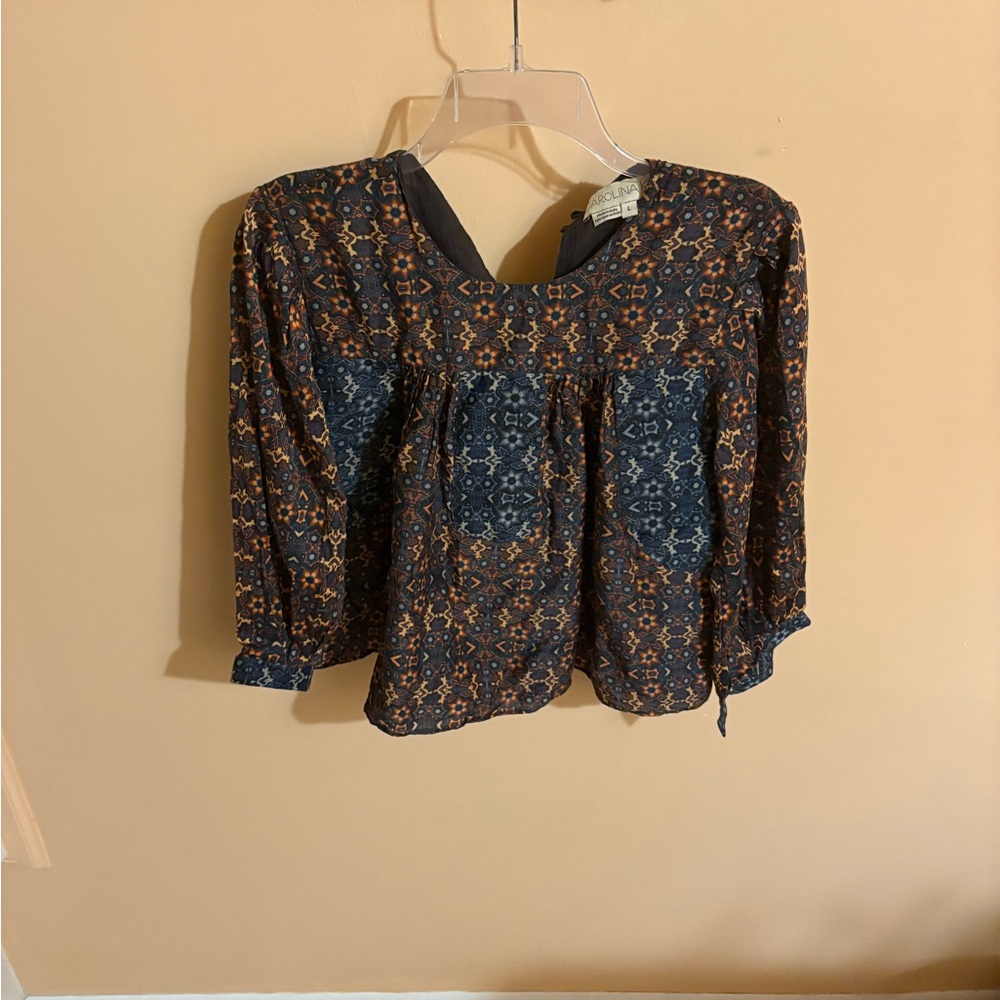 Carolina K orange & blue geometric floral silk blend blouse